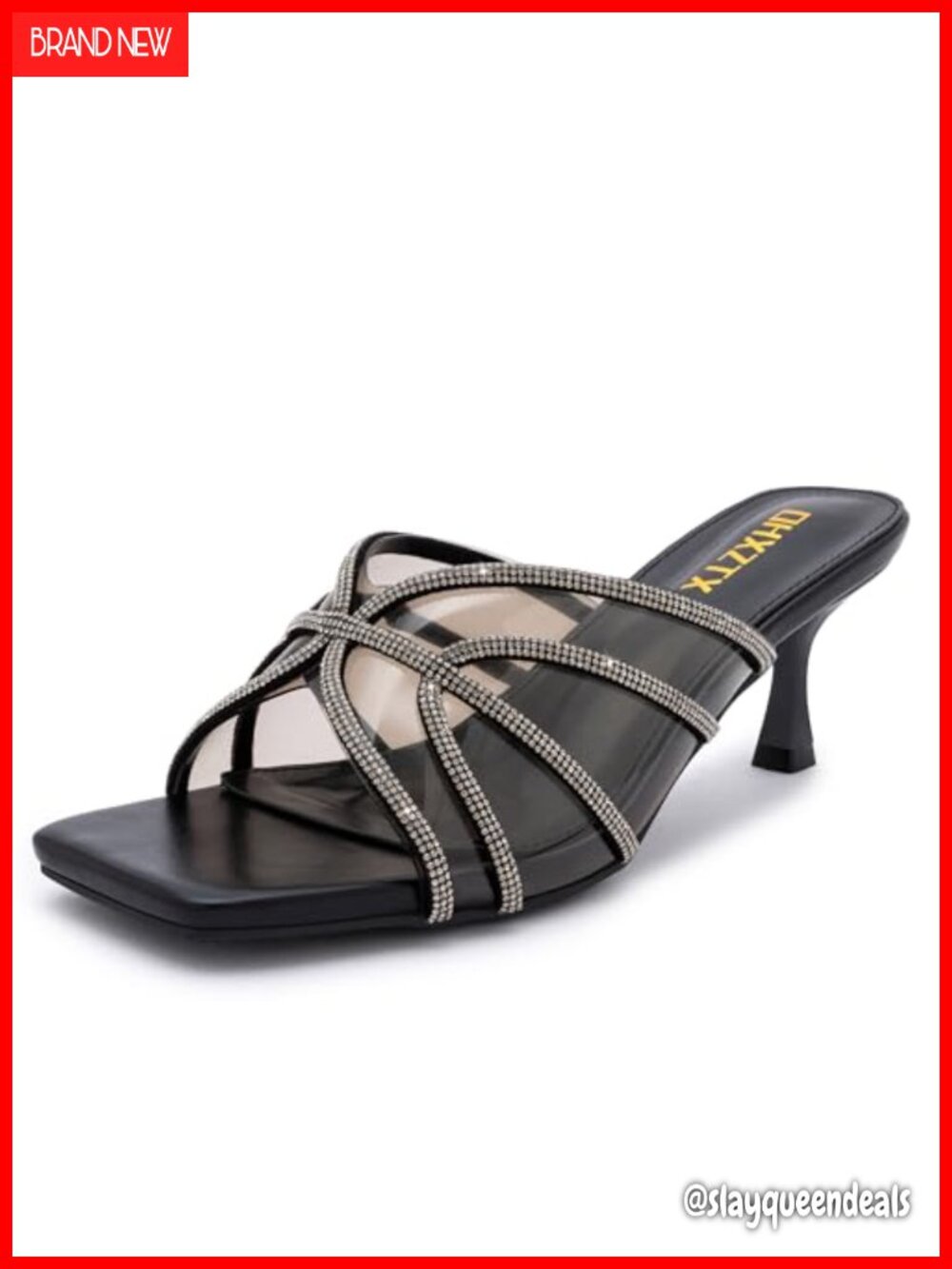 Rhinestone Kitten Heel Mules Square Toe Slip-On Sandals